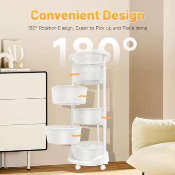 LENJKYYO 5-Tier Rotating Storage Shelf, Plastics Rolling Cart Basket with Wheels & Adjustable Height, White Freestanding Round Rotating Storage Rack for Kitchen, Pantry, Bathroom