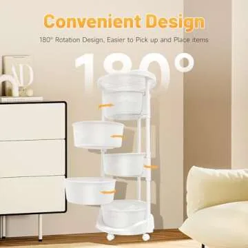 LENJKYYO 5-Tier Rotating Storage Shelf, Plastics Rolling Cart Basket with Wheels & Adjustable Height, White Freestanding Round Rotating Storage Rack for Kitchen, Pantry, Bathroom