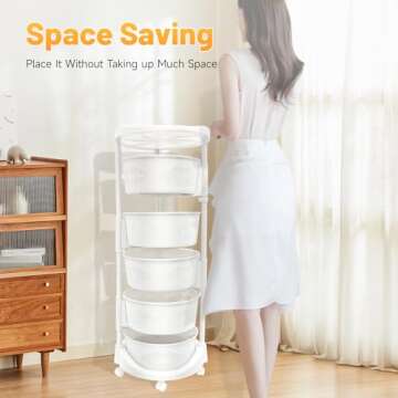 LENJKYYO 5-Tier Rotating Storage Shelf, Plastics Rolling Cart Basket with Wheels & Adjustable Height, White Freestanding Round Rotating Storage Rack for Kitchen, Pantry, Bathroom