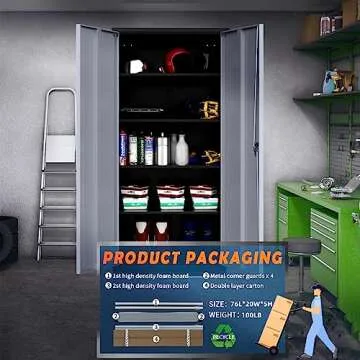 Yizosh Metal Storage Cabinet with Lock - 72" Garage Storage Cabinet with 2 Locking Doors and 5 Adjustable Shelves, Gray Black Steel Lockable File Cabinet for Office,Home,Garage