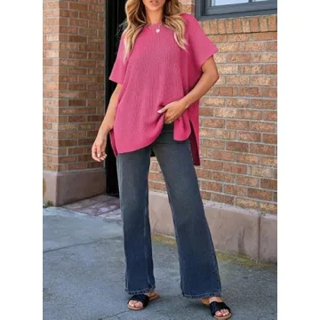 SHEWIN Womens Tops Casual Short Sleeve Shirts for Women Loose Oversized Tshirts Lightweight Crewneck Spring Tops for Women 2025 Rose Large