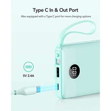 VRURC Portable Charger with Built-in Cables, 10000mAh LED Display USB C Power Bank, 5 Output 2 Input Travel Phone Charger, Slim External Battery Compatible with iPhone,Samsung,Android-Green(1 Pack)