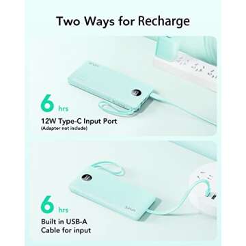 VRURC Portable Charger with Built-in Cables, 10000mAh LED Display USB C Power Bank, 5 Output 2 Input Travel Phone Charger, Slim External Battery Compatible with iPhone,Samsung,Android-Green(1 Pack)