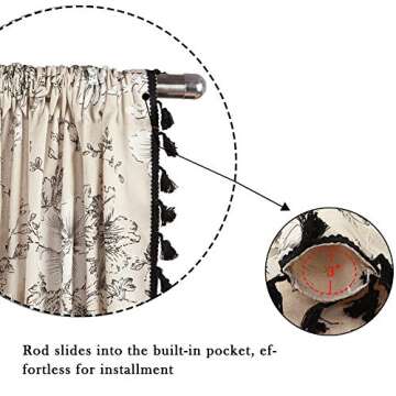 ColorBird Botanical Print Semi-Blackout Window Curtains 2 Panels Farmhouse Style Cotton Linen Darkening Curtains with Tassels Rod Pocket Window Drapes for Living Room Bedroom (52" W x 84" L, Floral)