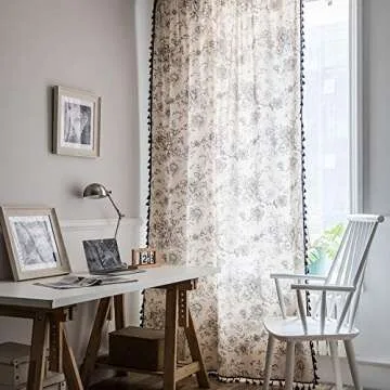 ColorBird Botanical Print Semi-Blackout Window Curtains 2 Panels Farmhouse Style Cotton Linen Darkening Curtains with Tassels Rod Pocket Window Drapes for Living Room Bedroom (52" W x 84" L, Floral)