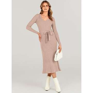 ANRABESS Women Long Sleeve V Neck A-line Tie Waist Slim Fit Ribbed Knit Bodycon Midi Sweater Dress 2...