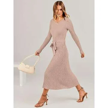 ANRABESS Women Long Sleeve V Neck A-line Tie Waist Slim Fit Ribbed Knit Bodycon Midi Sweater Dress 2025 Fall Trendy Outfits Almond X-Large