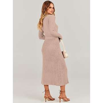 ANRABESS Women Long Sleeve V Neck A-line Tie Waist Slim Fit Ribbed Knit Bodycon Midi Sweater Dress 2025 Fall Trendy Outfits Almond X-Large