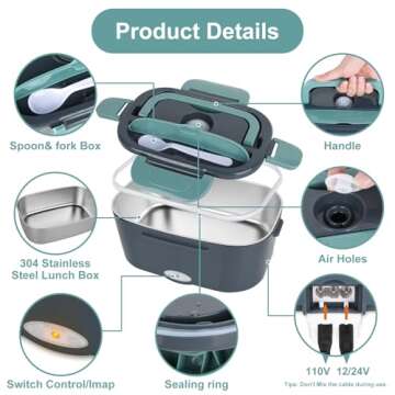 Electric Lunch Box Food Heater, 3 in 1 Ultra Quick Heated Lunch Boxes for Adults, 12V/24V/110V Portable Food Warmer for Car/Truck/Office With Fork Spoon and Insulated Carry Bag