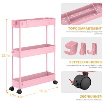 SPACELEAD Slim Storage Cart 3 Tier,Bathroom Organizer Rolling Utility,Mobile Shelving Unit Slide Out for Office, Kitchen, Laundry Room & Narrow Places,Pink