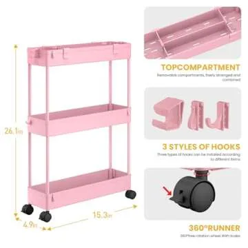 SPACELEAD Slim Storage Cart 3 Tier,Bathroom Organizer Rolling Utility,Mobile Shelving Unit Slide Out for Office, Kitchen, Laundry Room & Narrow Places,Pink