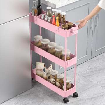 SPACELEAD Slim Storage Cart 3 Tier,Bathroom Organizer Rolling Utility,Mobile Shelving Unit Slide Out for Office, Kitchen, Laundry Room & Narrow Places,Pink