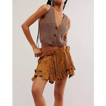 Korebow Casual V Neck Button Down Knit Sleeveless Sweater Vest Tops Button Down Cardigan Cropped Tank Vests(0330-Brown-L)