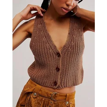Korebow Casual V Neck Button Down Knit Sleeveless Sweater Vest Tops Button Down Cardigan Cropped Tank Vests(0330-Brown-L)