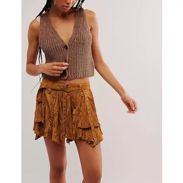 Korebow Casual V Neck Button Down Knit Sleeveless Sweater Vest Tops Button Down Cardigan Cropped Tank Vests(0330-Brown-L)