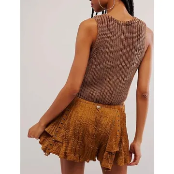 Korebow Casual V Neck Button Down Knit Sleeveless Sweater Vest Tops Button Down Cardigan Cropped Tank Vests(0330-Brown-L)