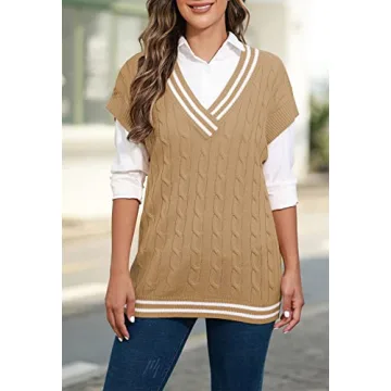 Trendy Womens Oversized Sweater Vest V Neck Khaki Stylish