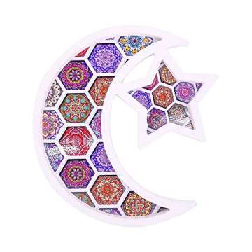 Wooden Eid Mubarak Dessert Tray, Ramadan Kareem Moon Star Shape Tray, Wooden Artistic Party Serving Tableware Tray Display Wood Decoration for Parties, Weddings (White Star)