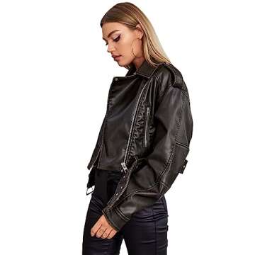 LY VAREY LIN Women Faux Leather Cropped Jacket Lapel Zipper Biker Short Coat with Belt