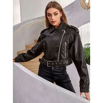 LY VAREY LIN Women Faux Leather Cropped Jacket Lapel Zipper Biker Short Coat with Belt