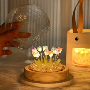 ONXE Valentines Day Gifts for Her, Birthday Gifts for Women, Flower Lamp Night Light for Bedroom Decor, Light Up Tulips in A Glass Dome for Girlfriend Wife Mothers Day Gift