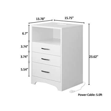 Efficient and Stylish White Nightstand with Charging Station, 3 Drawer Storage for Bedroom and Livin...