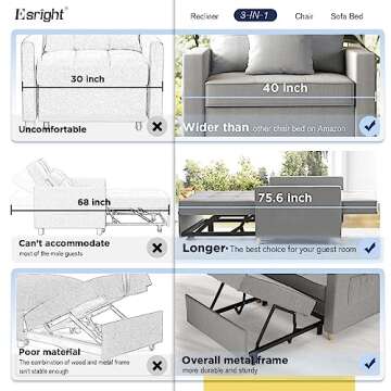 Esright 40 Inch Sleeper Chair Bed in Modern Light Grey