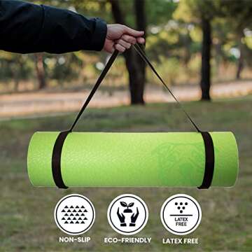 Koa Yoga Mat-Essential Green TPE, Latex-free, Eco-friendly, Non-toxic, Non-slip, thick mat 6' x 2' x 8mm and a Donation to Charity