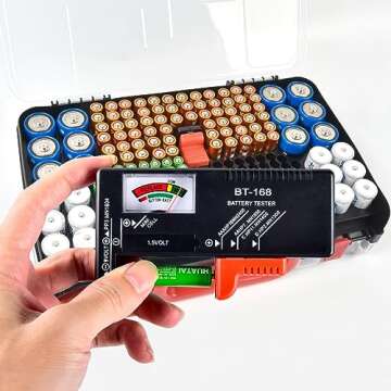 Battery Storage Organizer Case Holder Box with Tester, Double-Sided Batteries Fits for 269 Caddy Container AA AAA AAAA 3A 4A 9V C D Lithium 23A 4LR44 CR123A CR1632 CR2032 - Black