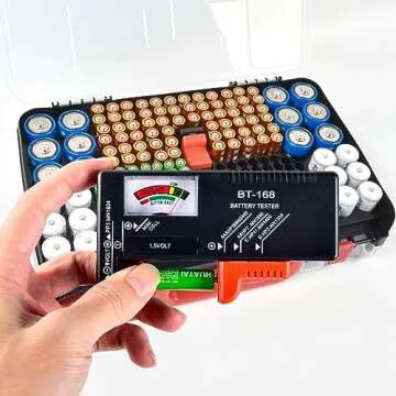 Battery Storage Organizer Case Holder Box with Tester, Double-Sided Batteries Fits for 269 Caddy Container AA AAA AAAA 3A 4A 9V C D Lithium 23A 4LR44 CR123A CR1632 CR2032 - Black