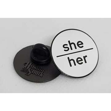She Her Pronoun Pin White Hard Enamel Black Metal Lowercase Minimalist Pronoun Button