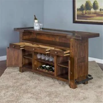 Pemberly Row 78" Farmhouse Wood Freestanding Island Home Bar Unit, Stemware Wine Rack, Storage Cabin...