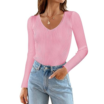 ZESICA Women's Fall Long Sleeve V Neck T Shirts Ribbed Knit Sweater Slim Fit Solid Basic Casual Tee ...