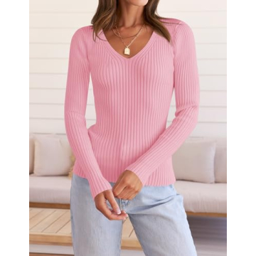 ZESICA Stylish V Neck Knitted Sweater Top for Women
