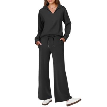 ANRABESS Women's 2 Piece Outfits Lounge Sets Casual Long Sleeve Sweatsuits Polo Top Wide Leg Pants F...
