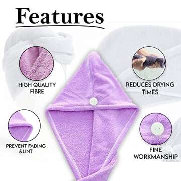 Microfiber Hair Towel Wrap for Women Wet Hair,4 Pack Ultra Soft and Quick drying Hair turbans with Button Closure, Super Absorbent Head Towel Suitable for all hair types(Purple + grey + pink + blue)