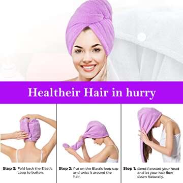 Microfiber Hair Towel Wrap for Women Wet Hair,4 Pack Ultra Soft and Quick drying Hair turbans with Button Closure, Super Absorbent Head Towel Suitable for all hair types(Purple + grey + pink + blue)