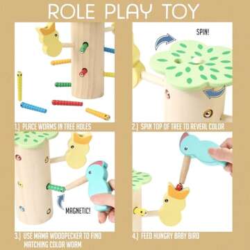 Montessori Mama Magnetic Woodpecker Worm Feed Game - Educational Wooden Color Matching & Fine Motor Skill Development Toy for 2 3 Year Olds Toys