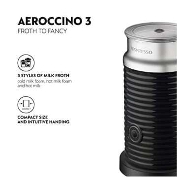 Nespresso Aeroccino 3 One-Touch Non-Stick Milk Frother with Automatic Shut-Off for Hot Milk Foam, Hot Milk, or Cold Froth (Black)