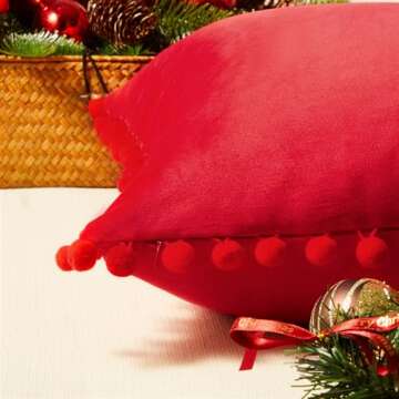 Top Finel Red Pillow Covers 18x18 inches Set of 2 Decorative Velvet Couch Throw Pillow Cover with Pom Poms Soft Square Sofa Pillow Cases for Bedroom Livingroom Home Decor