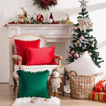 Top Finel Red Pillow Covers 18x18 inches Set of 2 Decorative Velvet Couch Throw Pillow Cover with Pom Poms Soft Square Sofa Pillow Cases for Bedroom Livingroom Home Decor