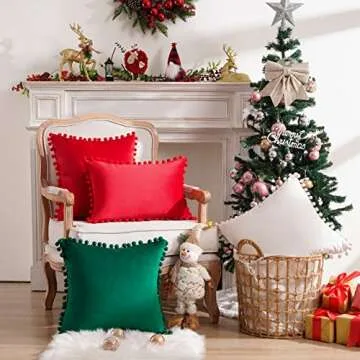 Top Finel Red Pillow Covers 18x18 inches Set of 2 Decorative Velvet Couch Throw Pillow Cover with Pom Poms Soft Square Sofa Pillow Cases for Bedroom Livingroom Home Decor
