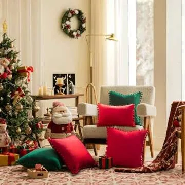 Top Finel Red Pillow Covers 18x18 inches Set of 2 Decorative Velvet Couch Throw Pillow Cover with Pom Poms Soft Square Sofa Pillow Cases for Bedroom Livingroom Home Decor