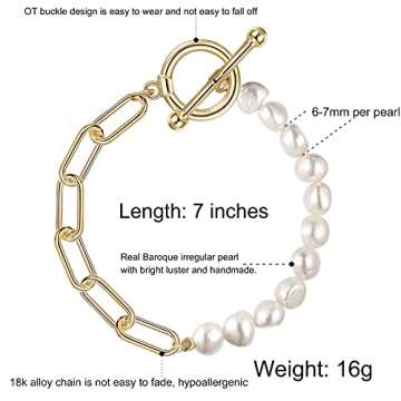 Cowlyn Paperclip Pearl Bracelet Baroque Culture Link Chain 14K Gold Plated Dainty Handmade Bangle Charm Jewelry Present for Women