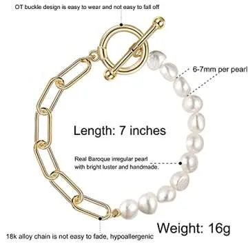 Cowlyn Paperclip Pearl Bracelet Baroque Culture Link Chain 14K Gold Plated Dainty Handmade Bangle Charm Jewelry Present for Women