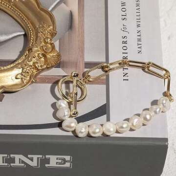 Cowlyn Paperclip Pearl Bracelet Baroque Culture Link Chain 14K Gold Plated Dainty Handmade Bangle Charm Jewelry Present for Women