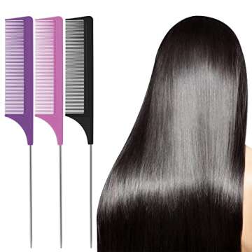 Rat Tail Combs Parting Comb: 3Pack Tail Comb,Professional Hair Salon Quality Styling Hair Combs,Metal Long Steel Pin Rat Tail Carbon Fiber Teasing Comb,Combs for Women（Red|Purple|Black）