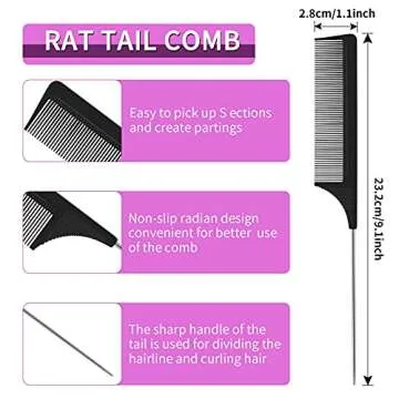 Rat Tail Combs Parting Comb: 3Pack Tail Comb,Professional Hair Salon Quality Styling Hair Combs,Metal Long Steel Pin Rat Tail Carbon Fiber Teasing Comb,Combs for Women（Red|Purple|Black）