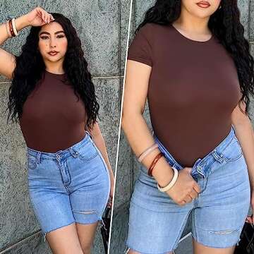 YIANNA Short Sleeve Bodysuit for Women Crew Neck Second Skin Feel T-shirt Body Suits Tops Thong,YA5292-Cocoa-S