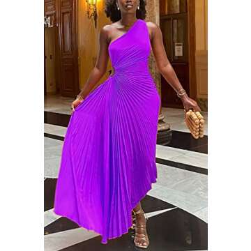Ecirod Womens Sexy One Shoulder Sleeveless Pleated Dress Summer Cocktail Evening Party Long Dresses ...